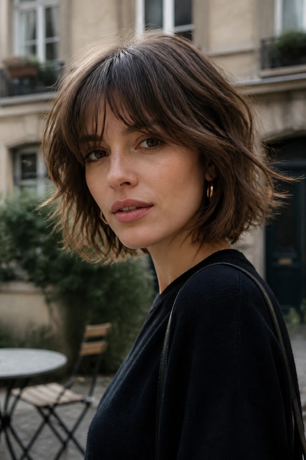 Close-up portrait of real woman with Parisian shag-bob razor flick ends.
