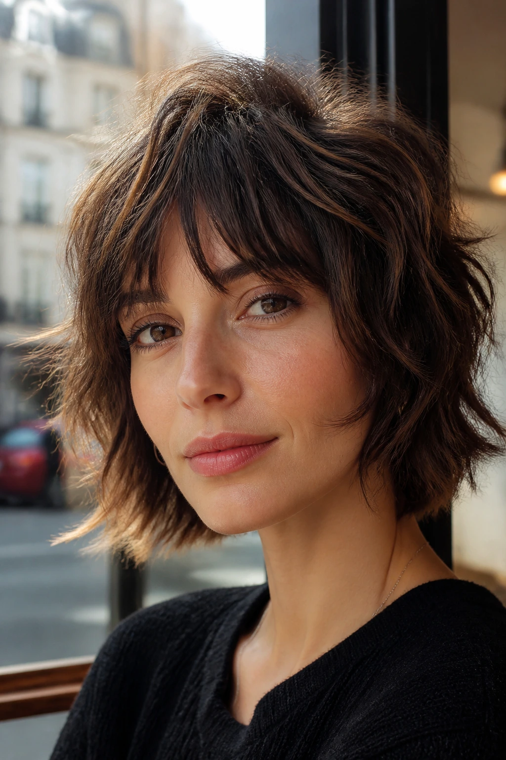 Close-up portrait of a woman with Parisian shag wearing volume at the crown