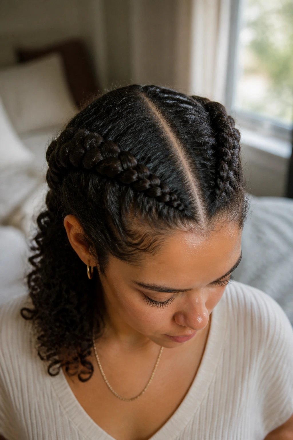 Close-up of real person with razor-sharp center-part and two Dutch braids on curly hair