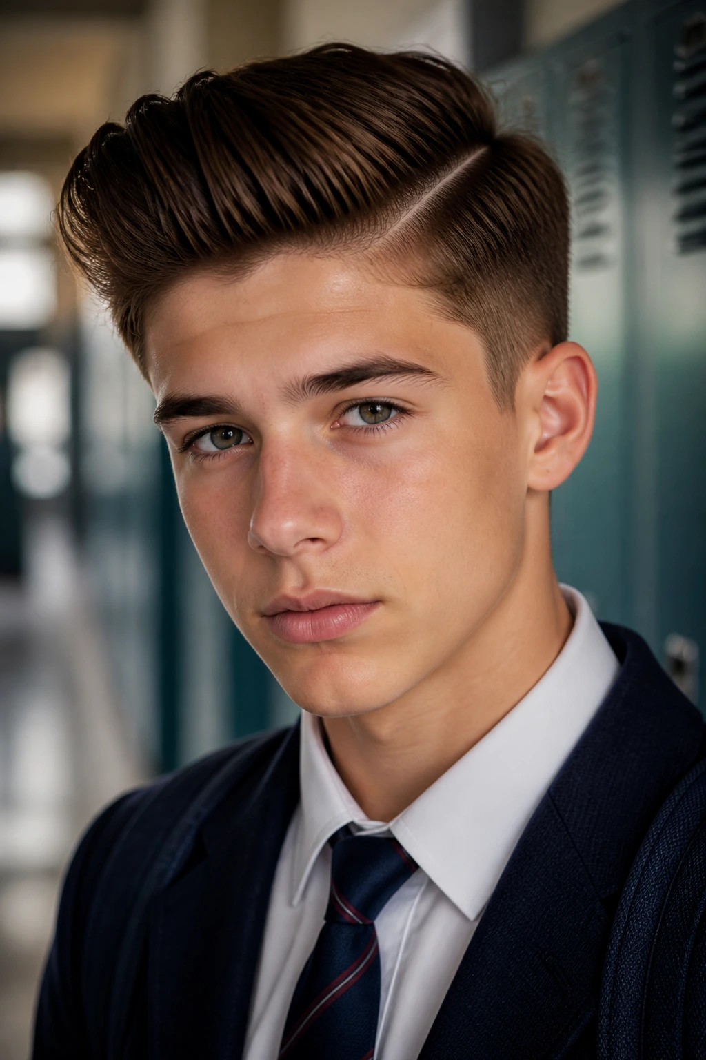Close-up portrait of a real person with a parted quiff in a school hallway setting