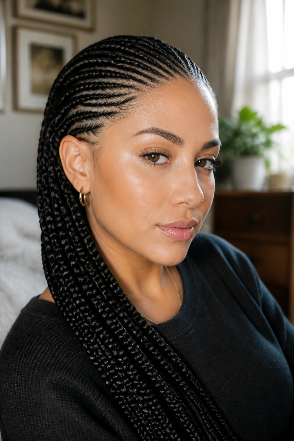 Head-and-shoulders of real woman with partless feed-in braids