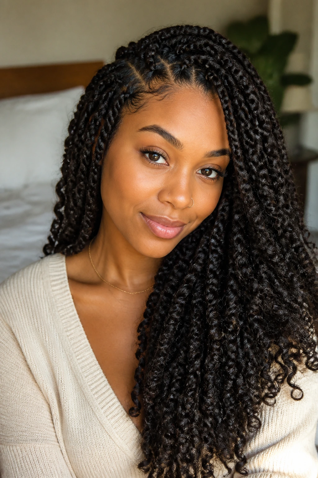 Close-up of a real woman with passion twist crochet hairstyle in warm light