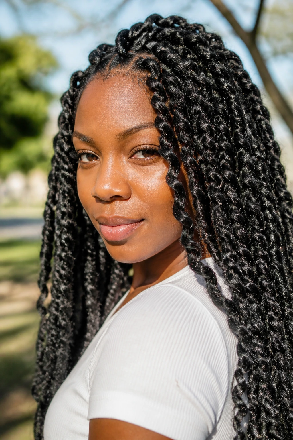Close-up of a real woman with passion twists in natural outdoor light