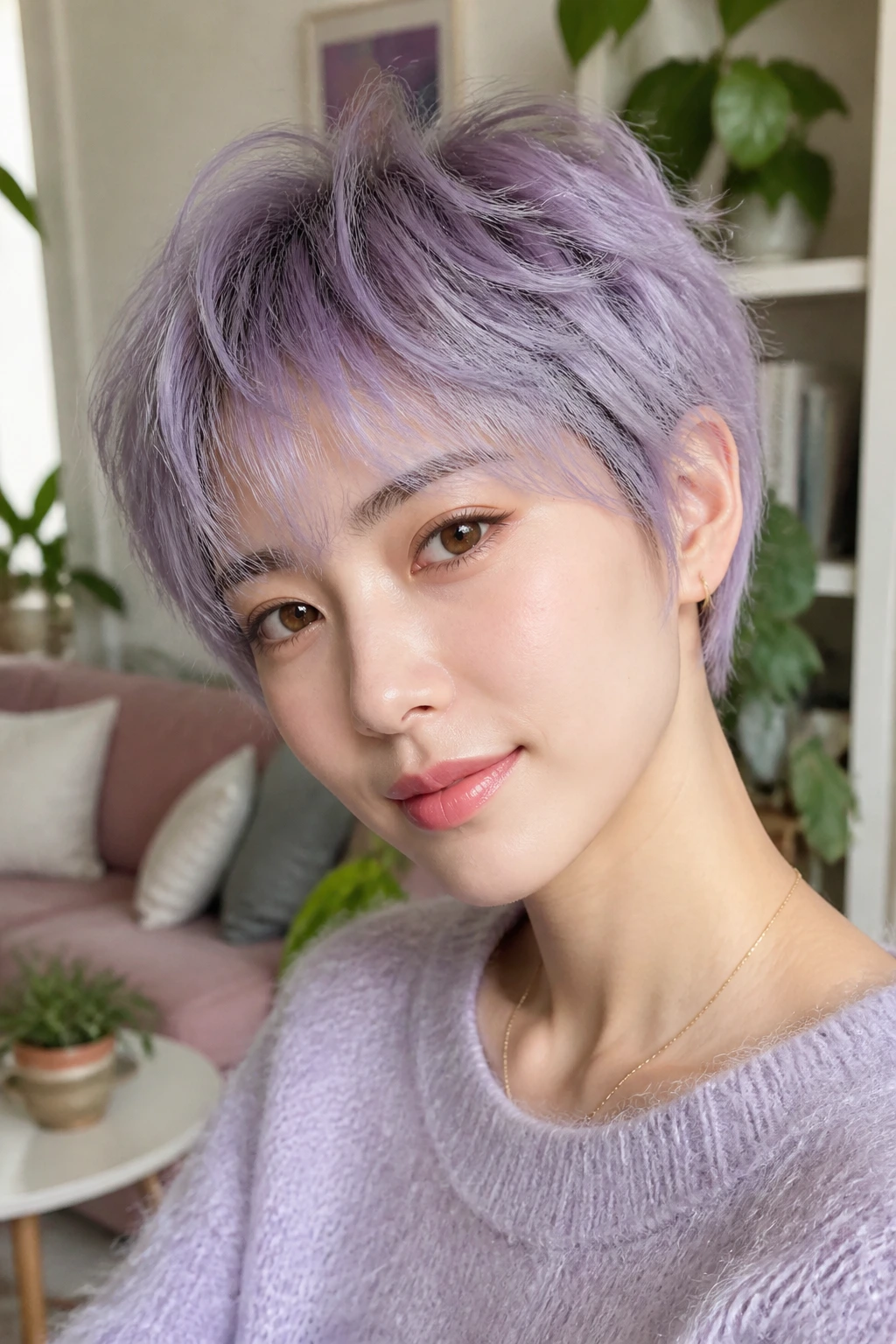 Portrait of a real woman with pastel-toned airy pixie haircut in lavender shade.