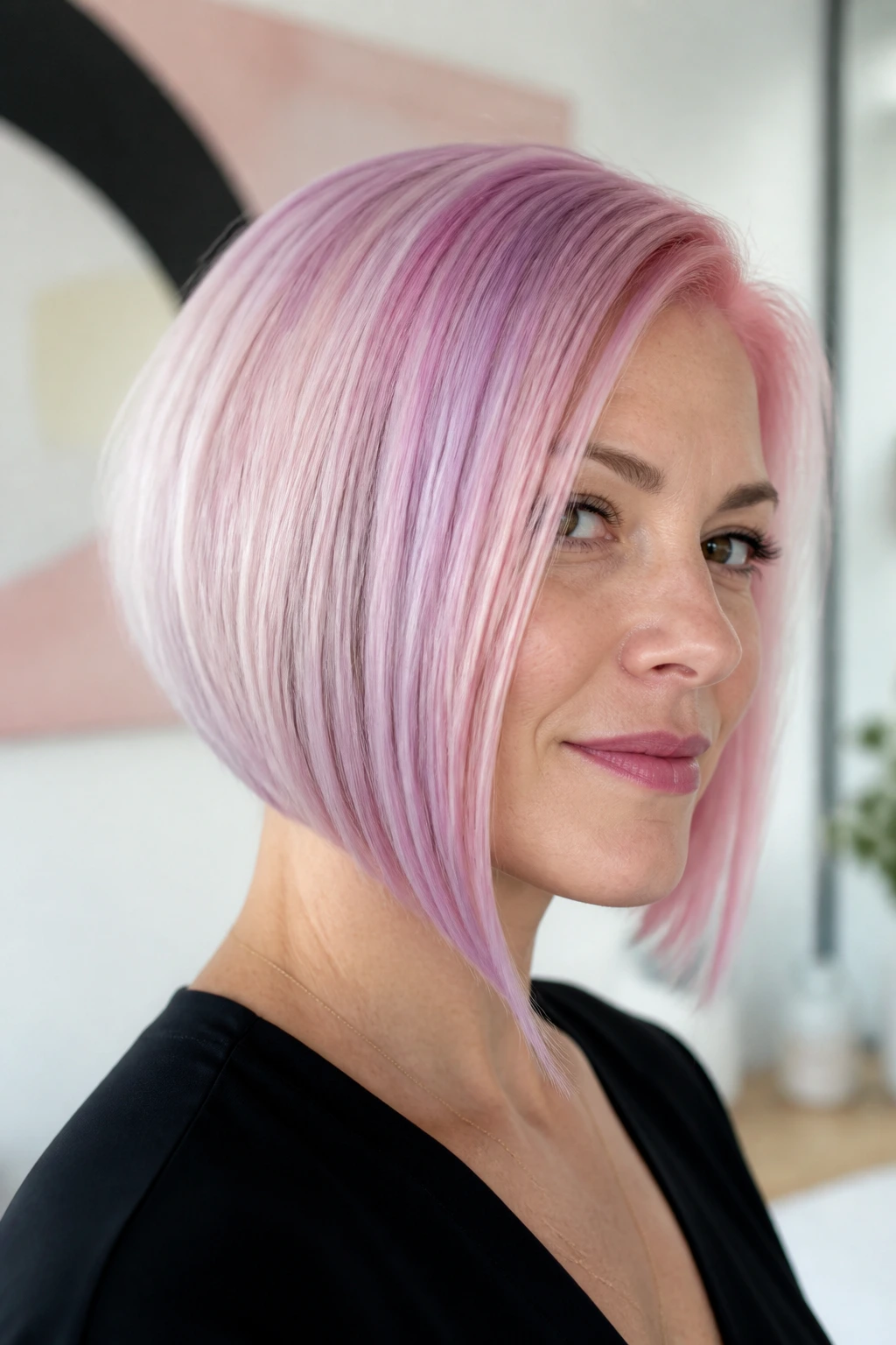 Real woman with pastel pink-lavender angled bob in bright interior light