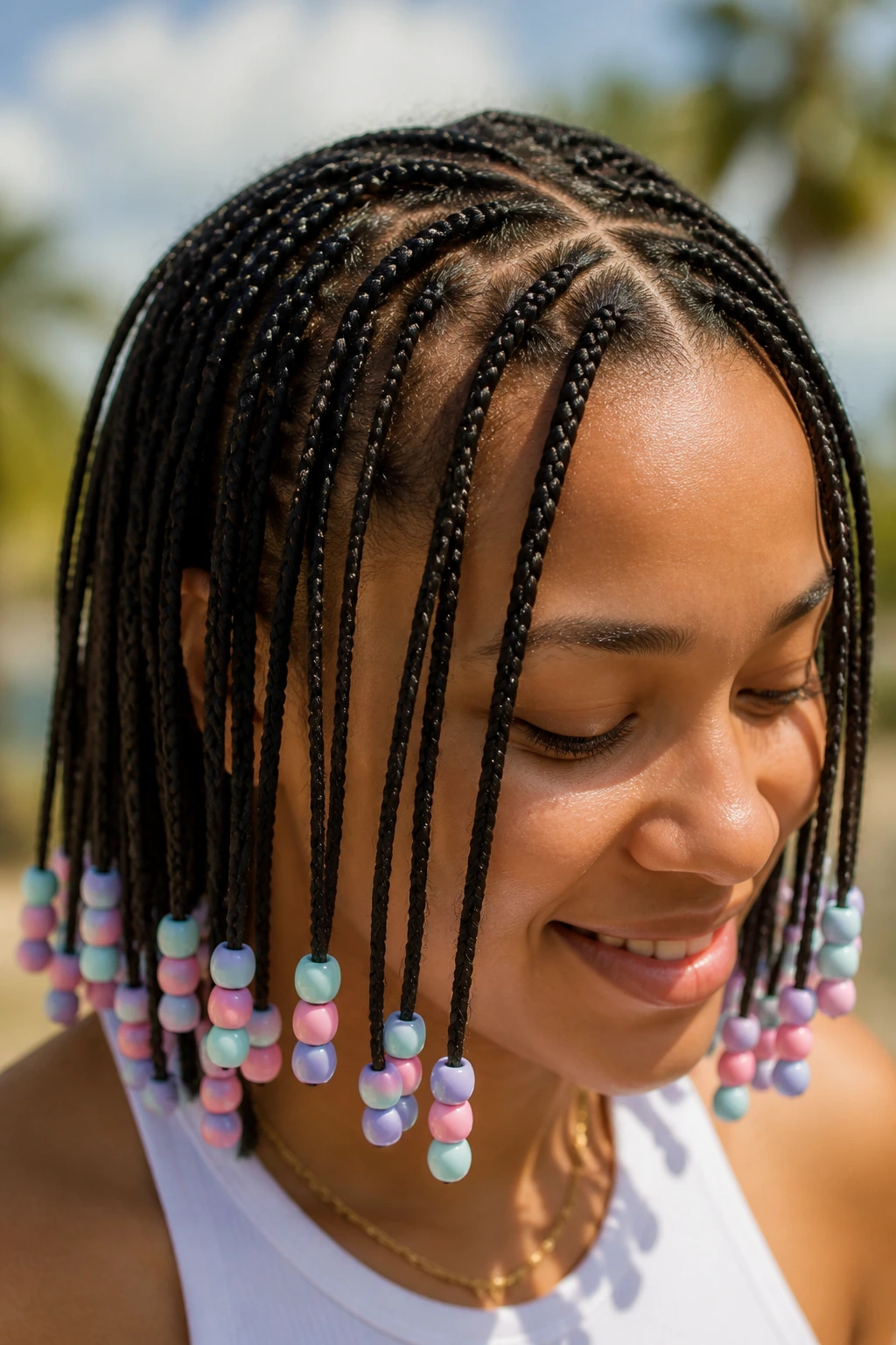 Real person with pastel plastic beads on braids, summer vibe