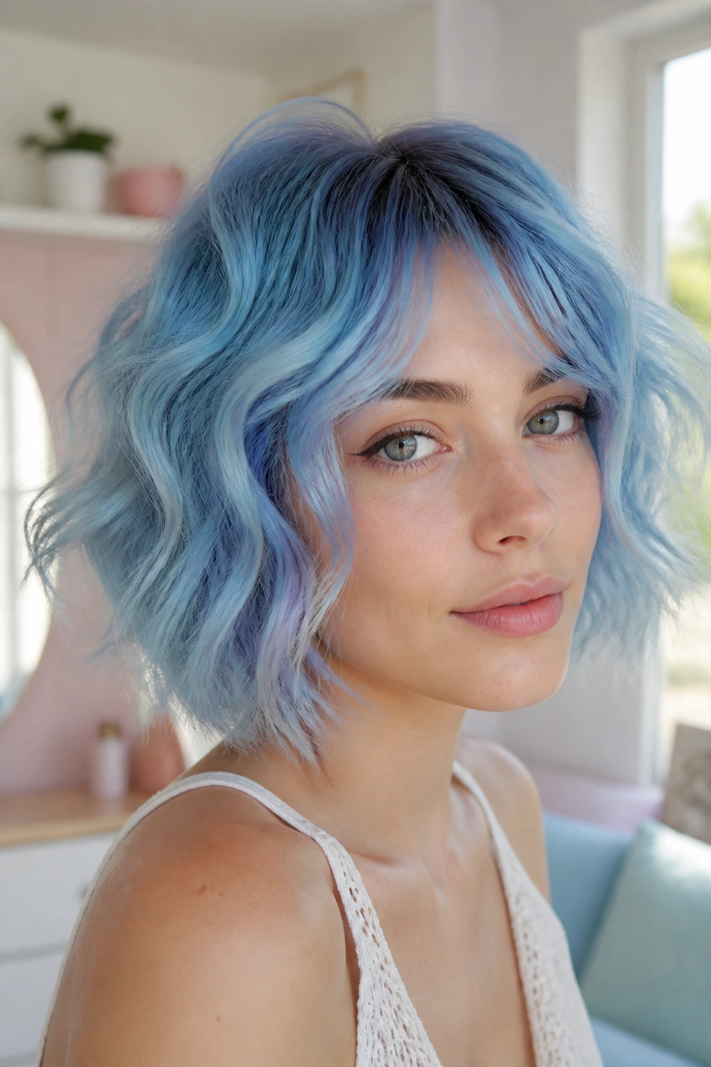 Close-up of a real woman with pastel blue wavy bob in soft, bright room