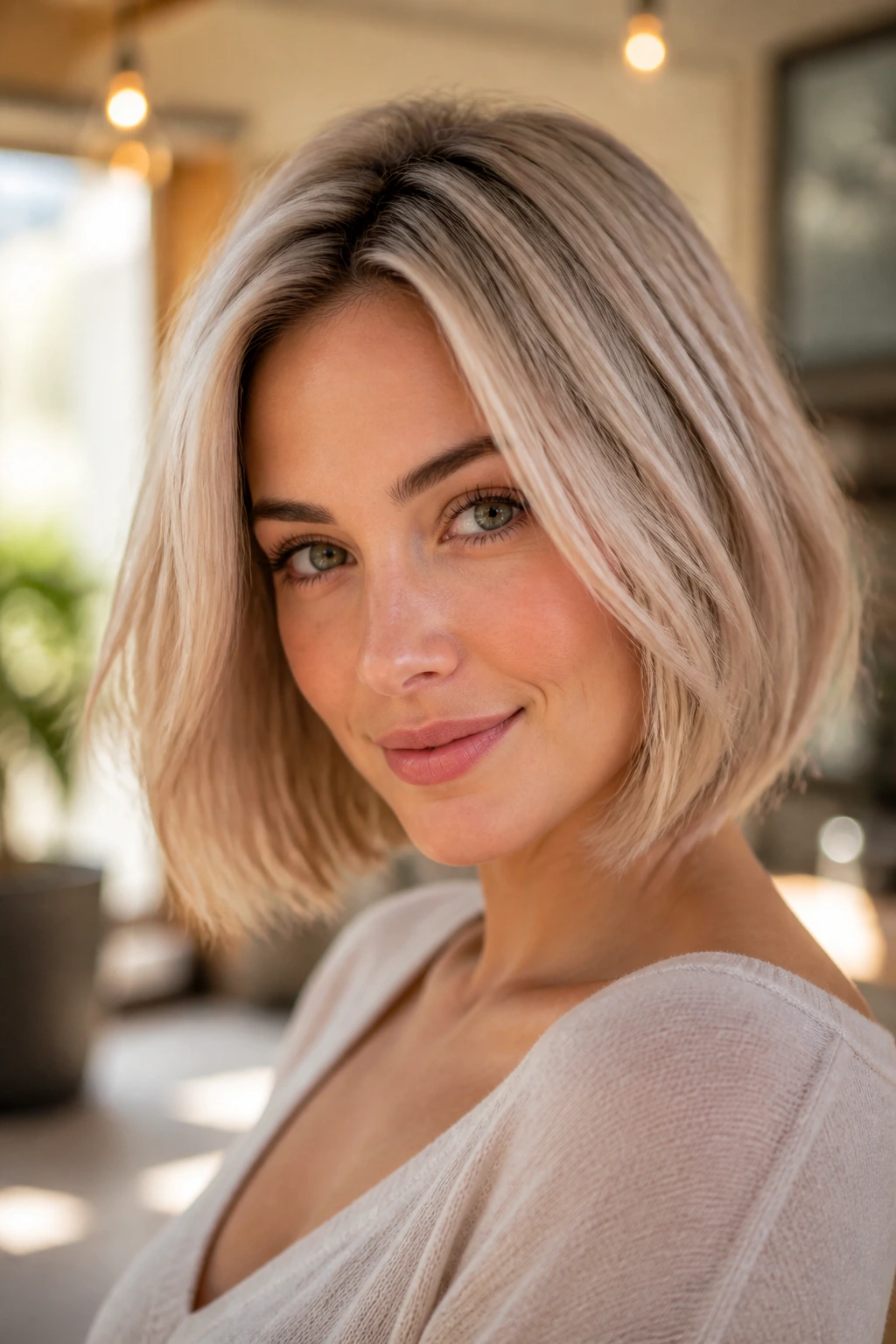 Portrait of a woman with pastel blonde tone-on-tone bob.