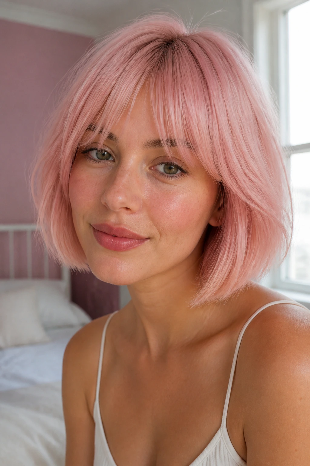 Close-up of a real woman with pastel pink bob and soft fringe