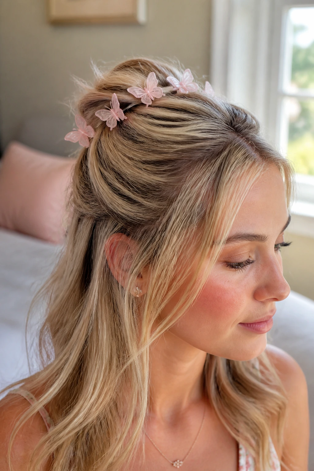 Close-up of a real person wearing a half-up crown with soft pastel butterfly clips