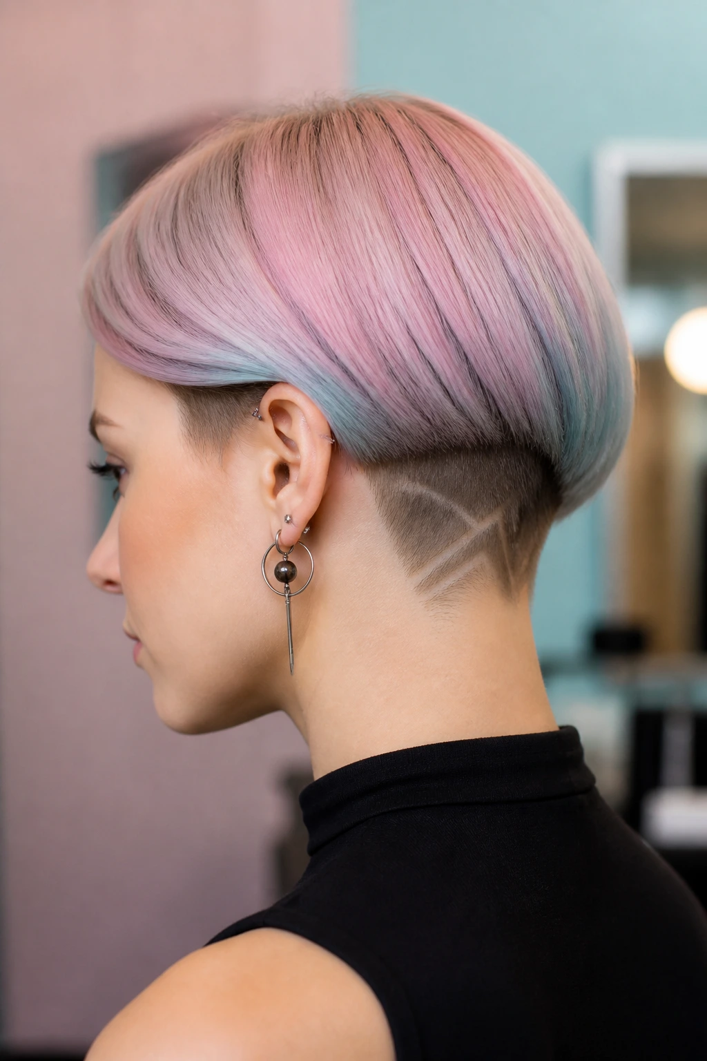 Portrait of a real person with pastel-colored bob and nape undercut in pastel-toned salon