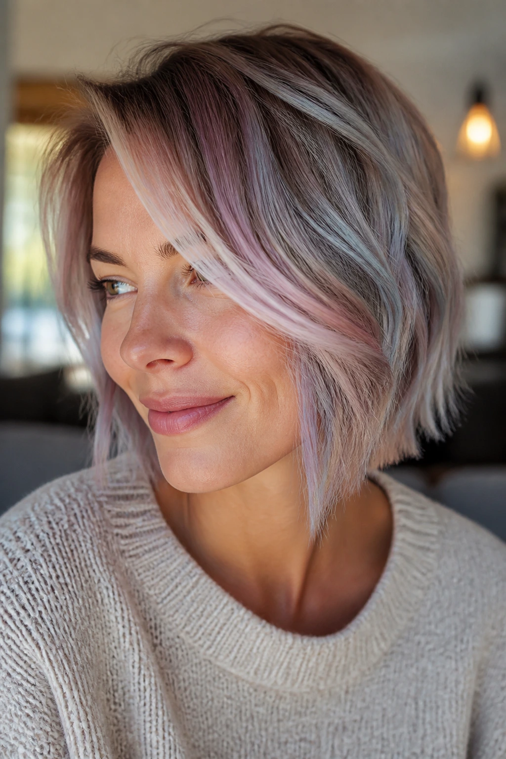 Dimensional pastel highlights on bob hair in soft natural light