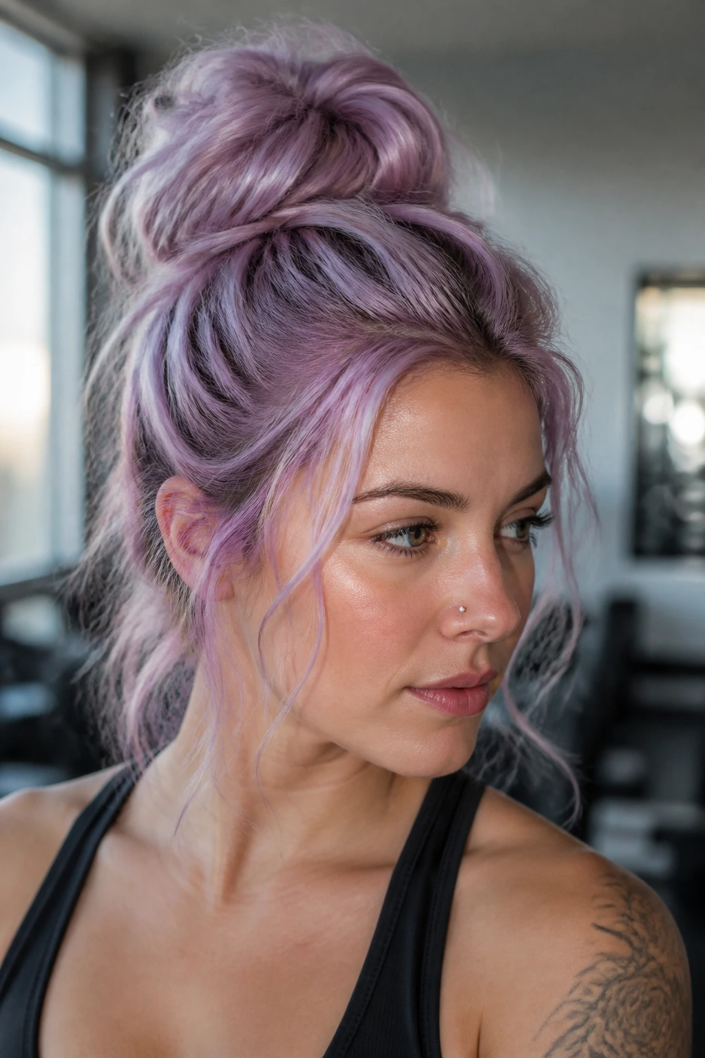 Portrait of a real person with Pastel Grape Messy Topknot showing a loose textured topknot in pastel grape color.