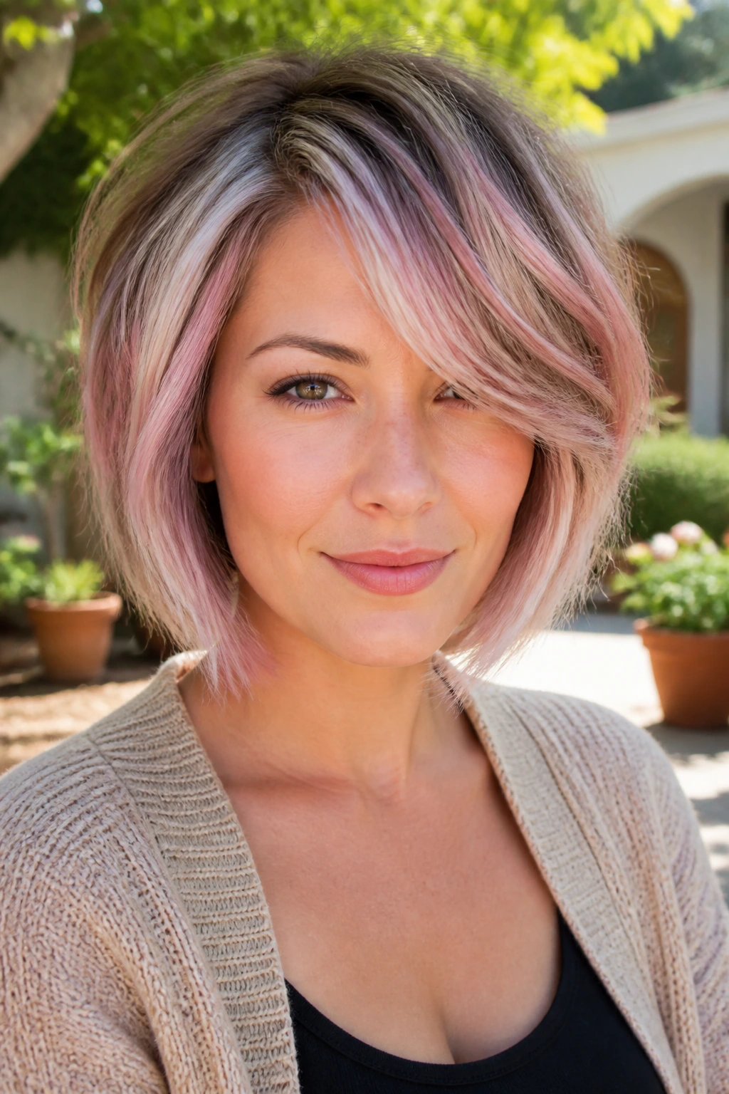 Portrait of person with pastel highlighted layered bob in natural light