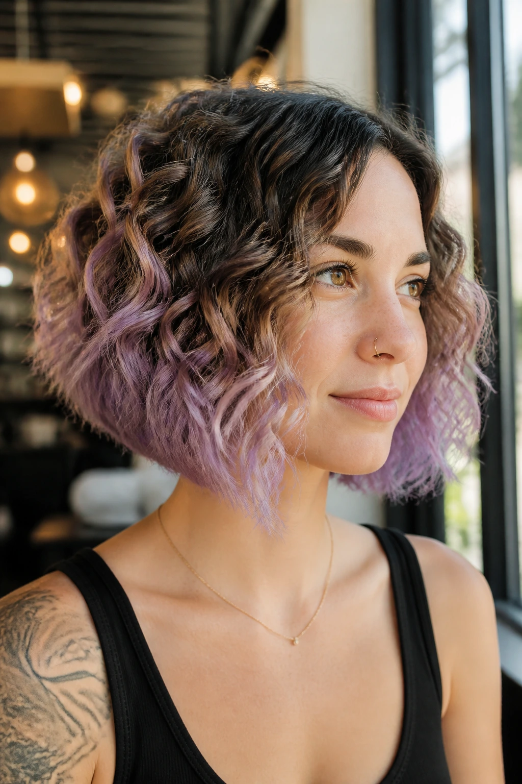 Portrait of a real person with pastel-toned inverted bob hair.