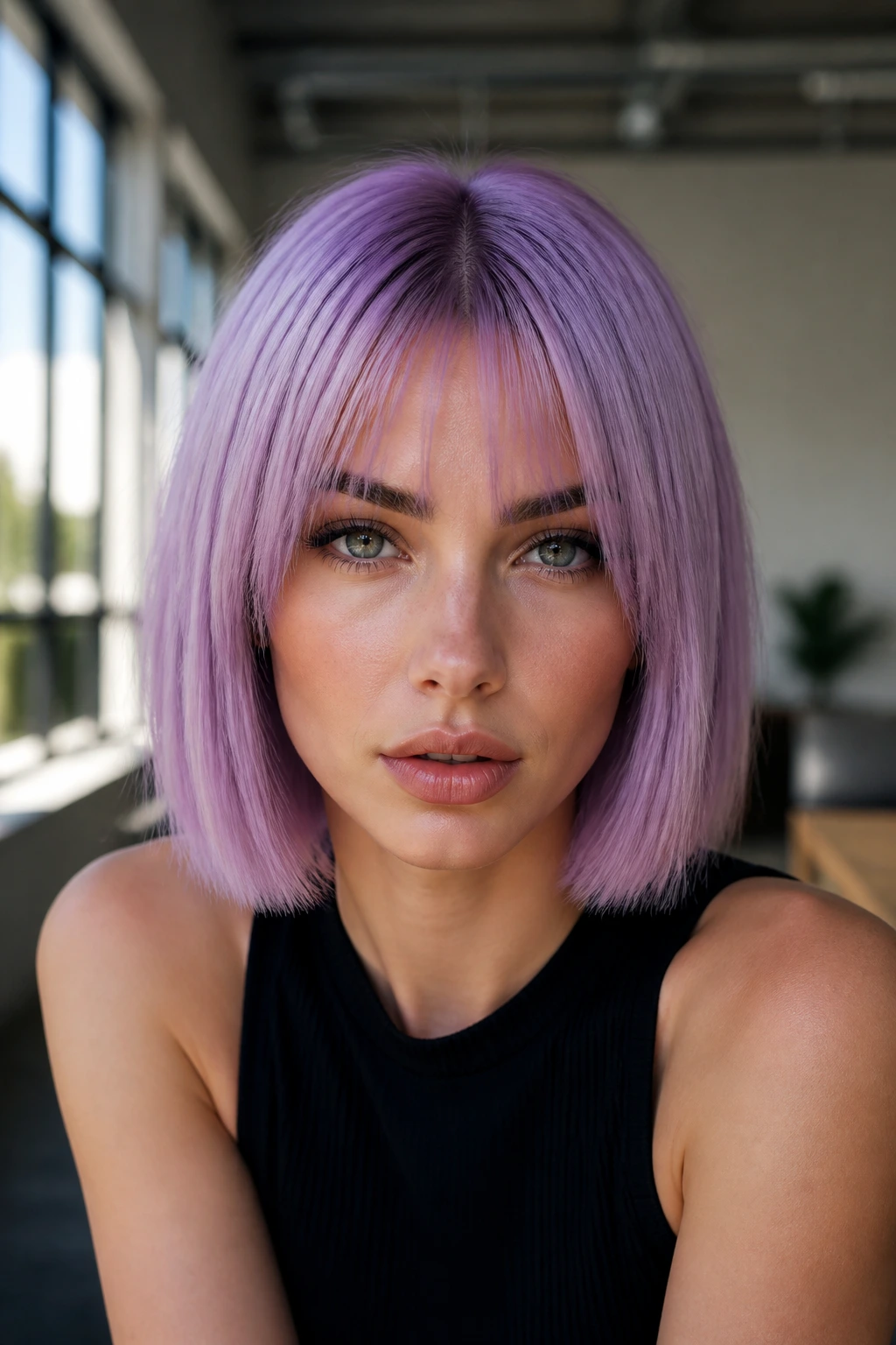 Close-up of real woman with pastel lavender center-parted bob and blunt cut.