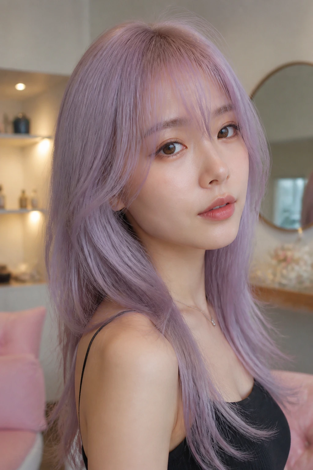 Portrait of a woman with pastel lavender layers and see-through bangs