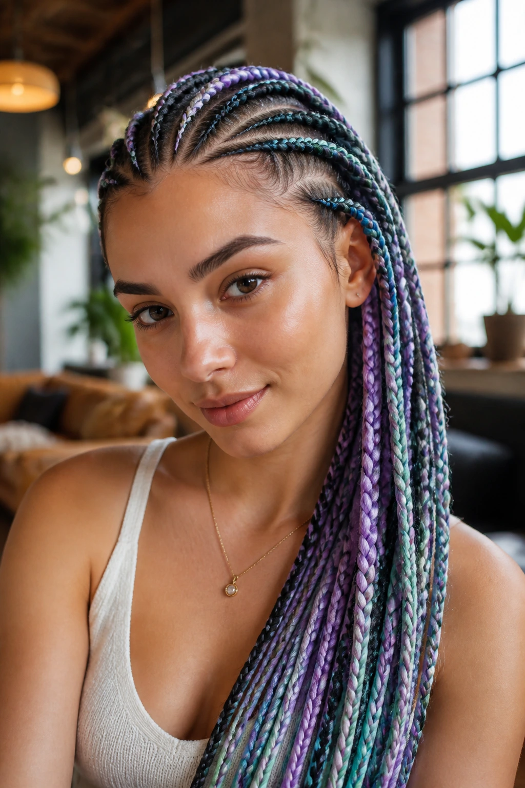 Woman with pastel-accent lemonade braids in a stylish loft setting.