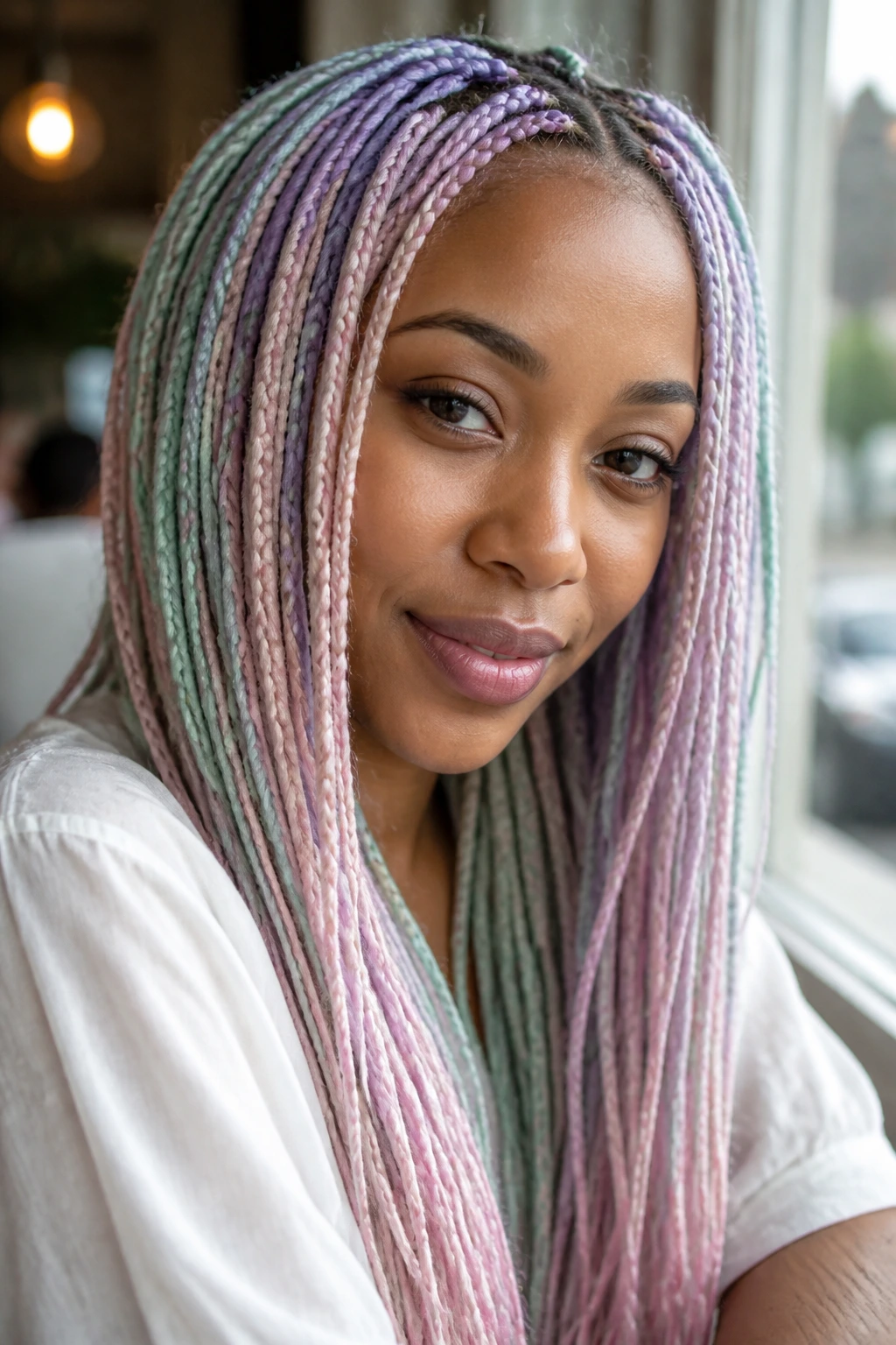Close-up of pastel-toned micro braids on a real person.
