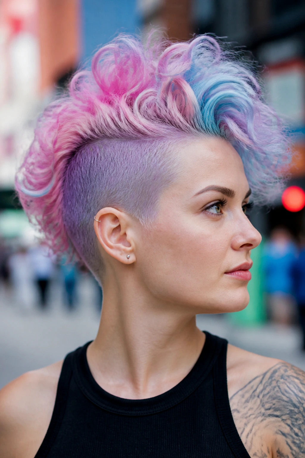 Close-up of a real person with a pastel colored mohawk on shaved sides