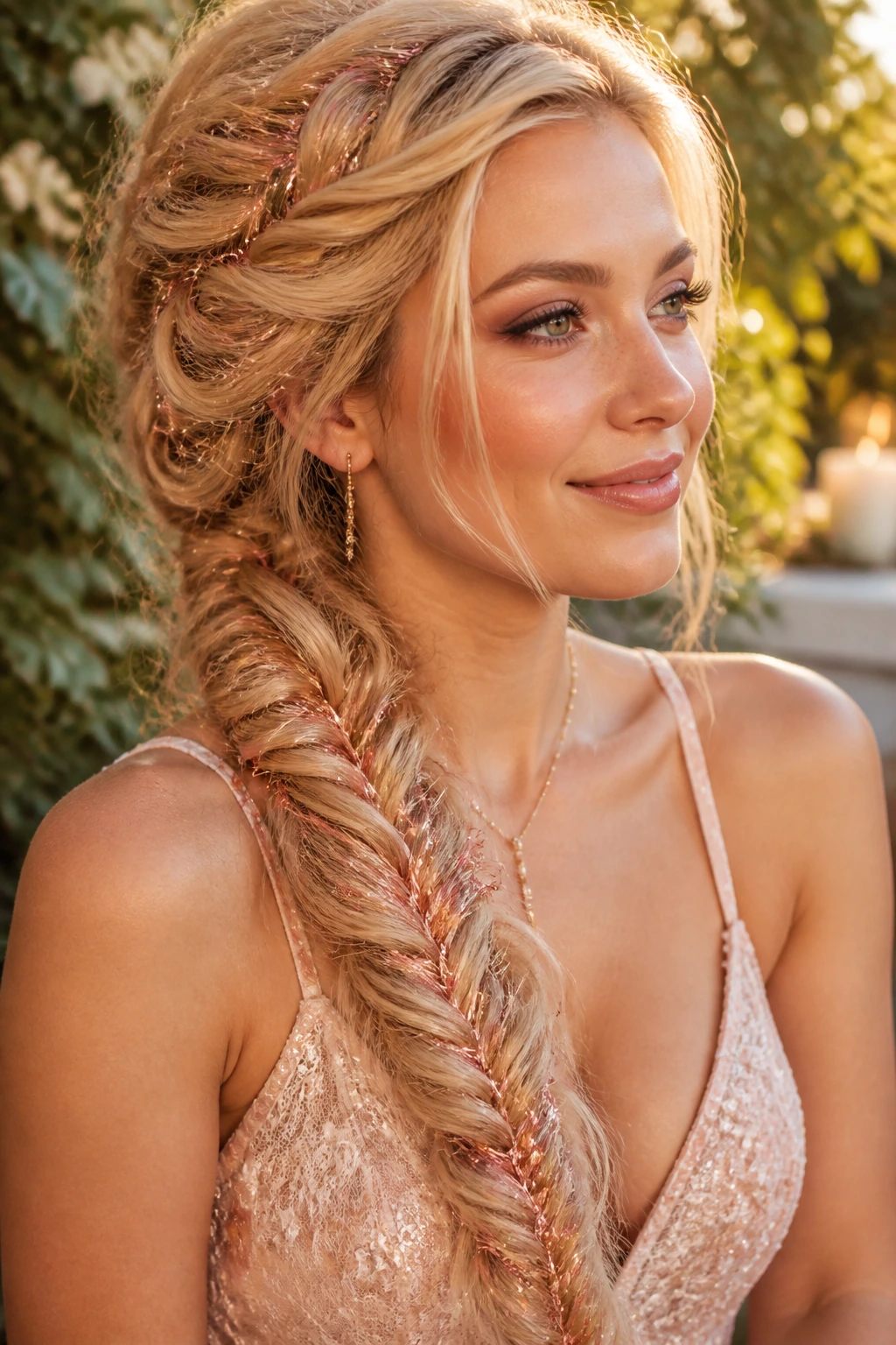 Close-up of a boho fishtail braid with pastel peach tinsel