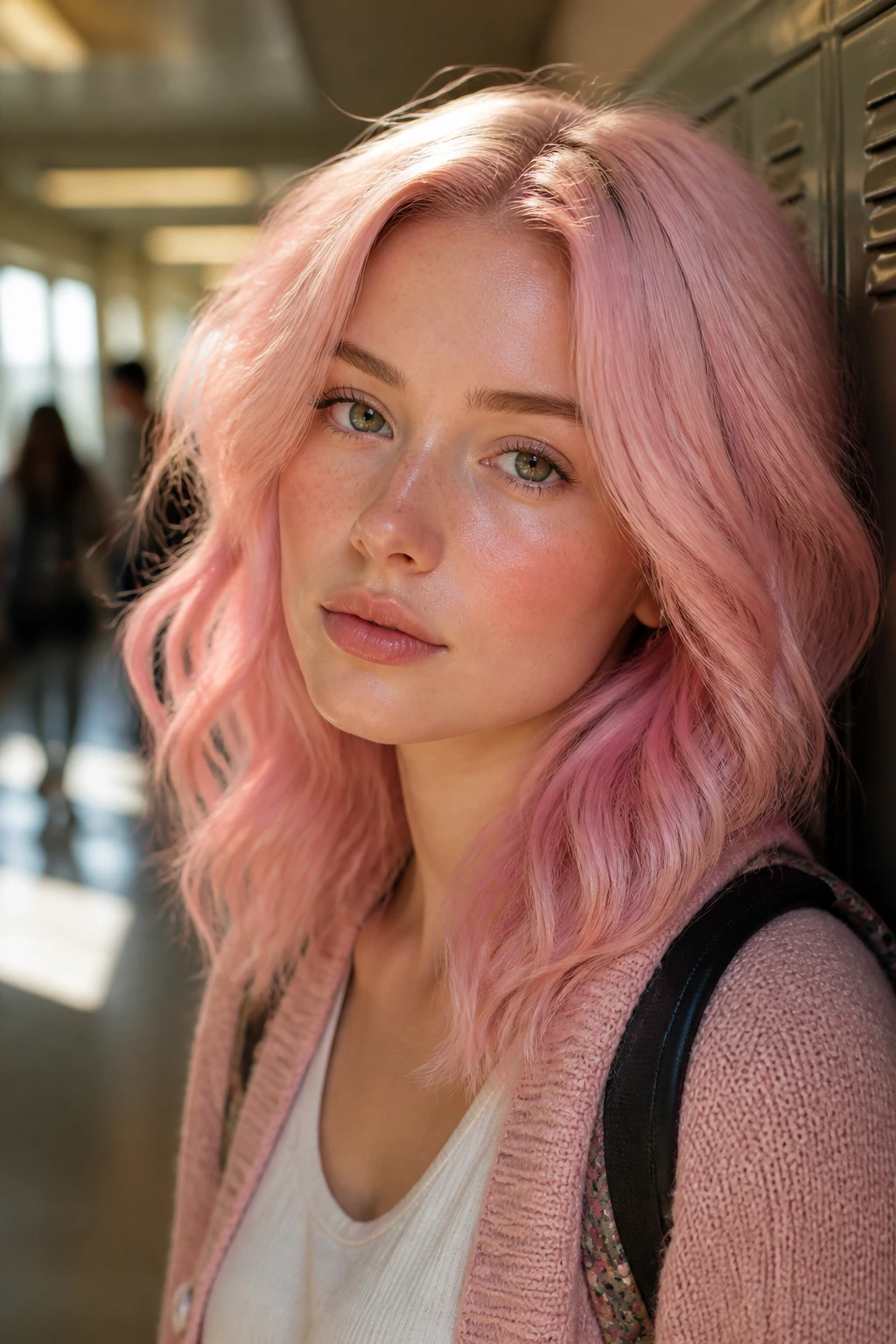 Close-up portrait of a real person with pale pastel candyfloss pink hair in soft waves in a sunlit school hallway