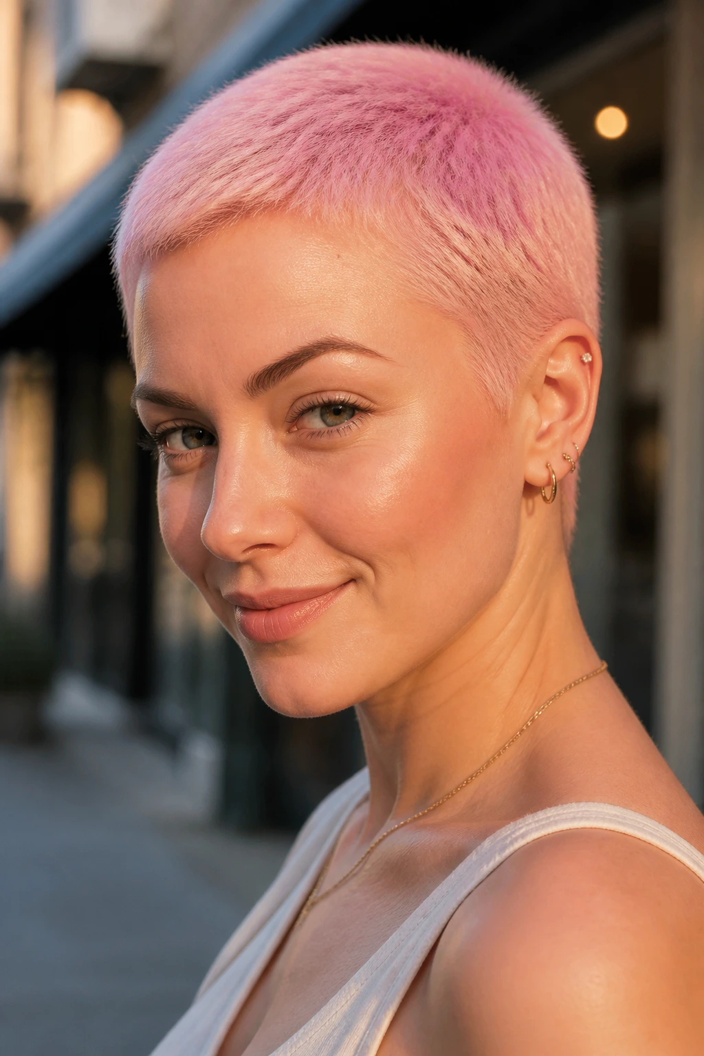 Close-up of a real person with pastel pink pixie-buzz hybrid hairstyle