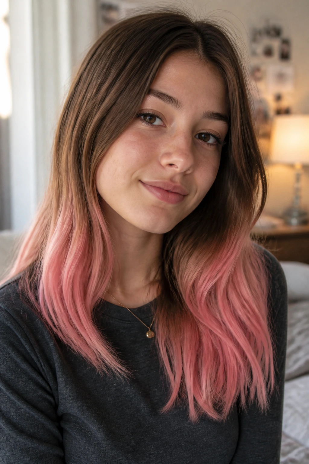 Close-up portrait of a real woman showing pastel pink dip-dye tips on hair.