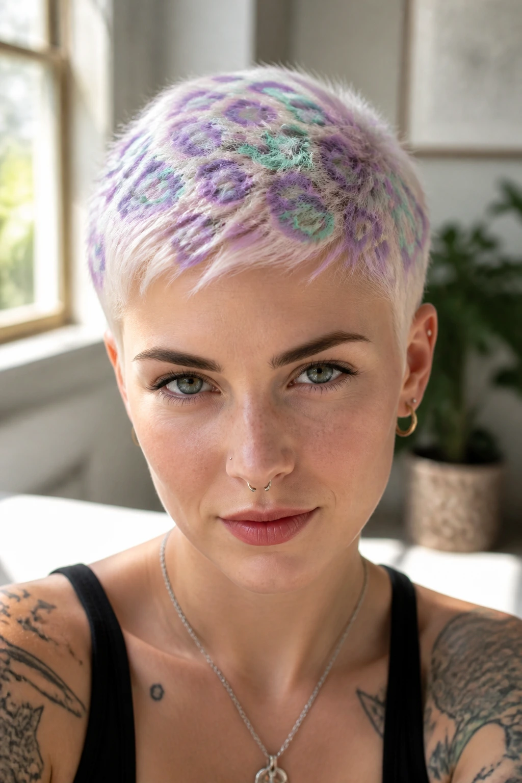 Close-up portrait of pastel lilac rings and mint-green centers on a pixie cut