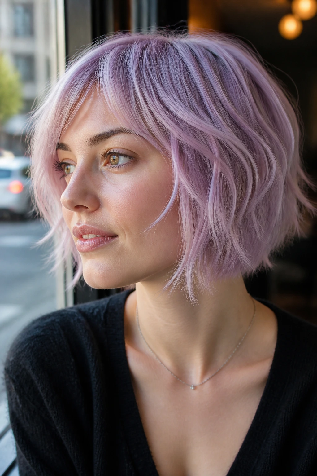 Close-up portrait of a real person with pastel lavender razor bob in natural daylight.