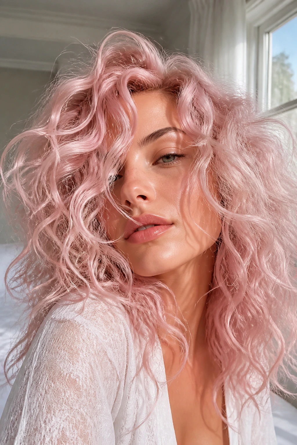 Real woman with pastel rose water waves in a bright bedroom