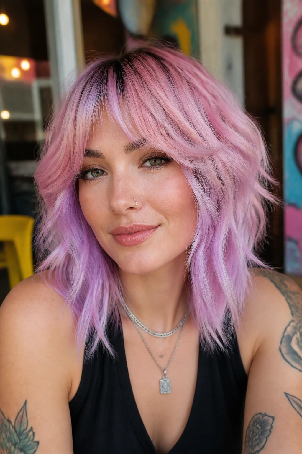 Close-up portrait of a real woman with pastel or vivid color shag showing multidimensional hues