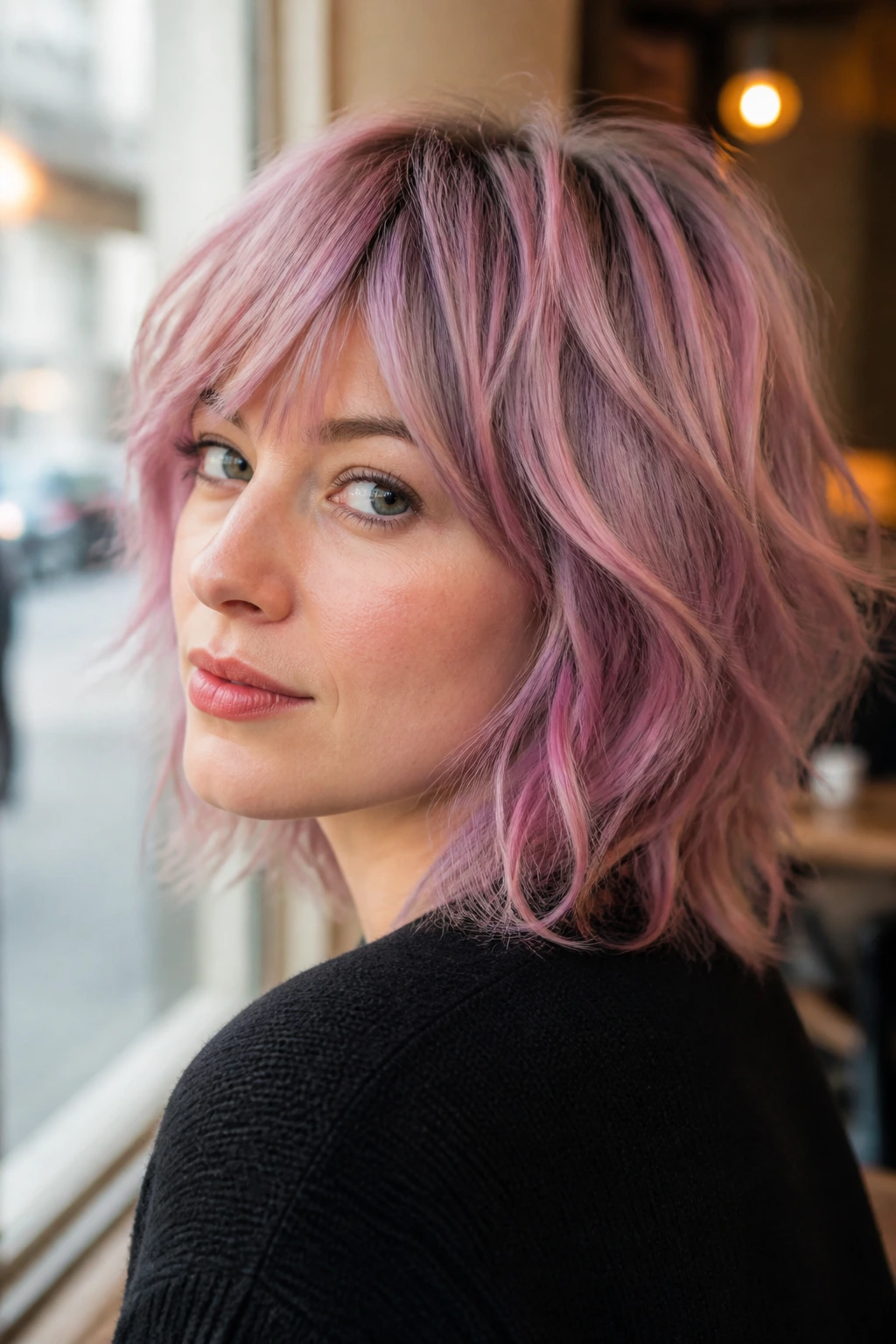 Portrait of a woman with pastel-tinted shag hair in a cafe setting