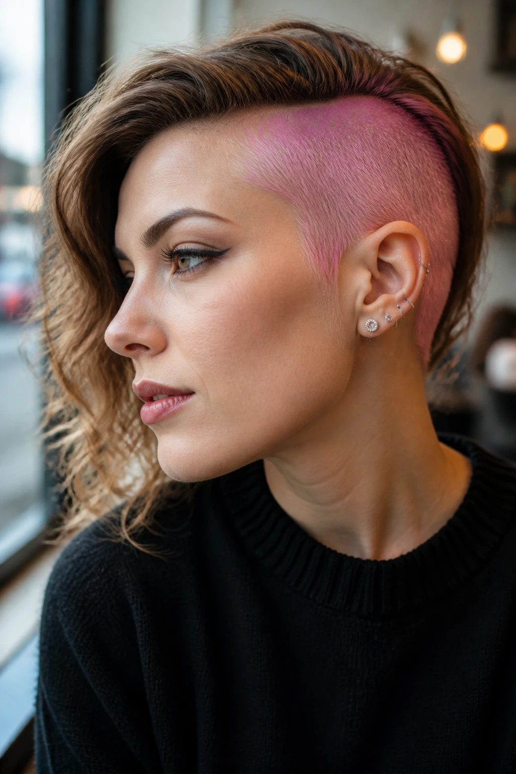 Close-up portrait of a person with a pastel-colored shaved side.