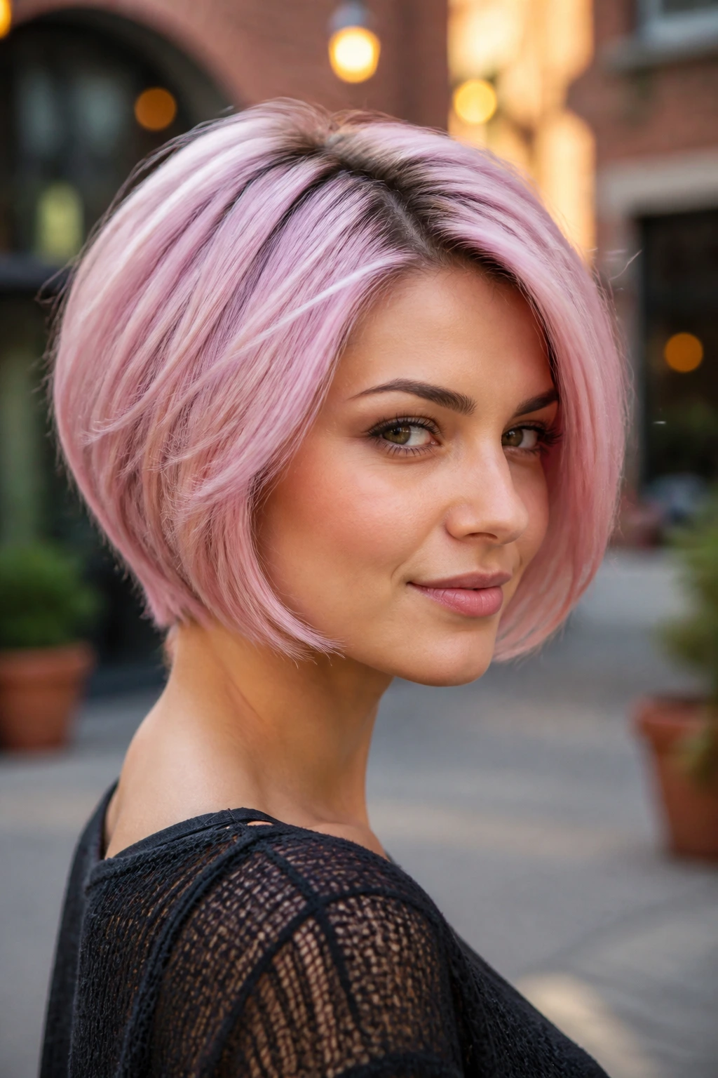 Portrait of a woman with pastel stacked bob color in soft urban light