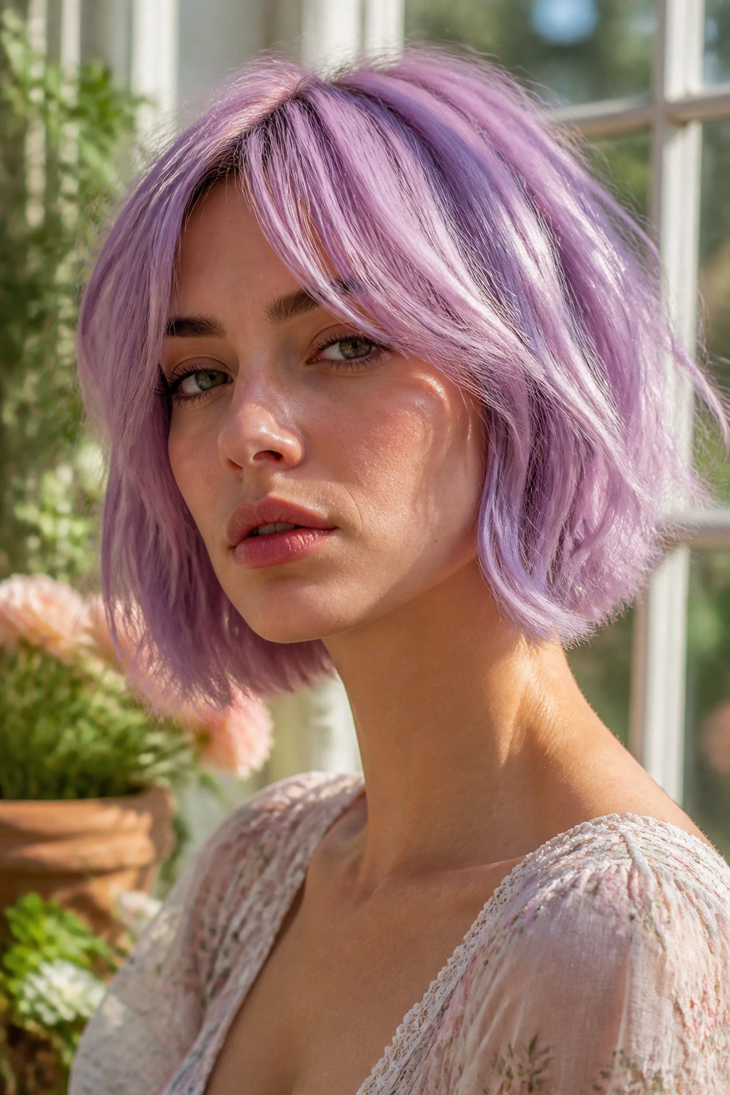 Close-up portrait of a woman with pastel lavender textured bob