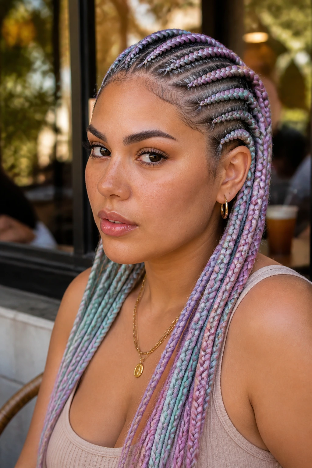 Close-up of a real woman with pastel-tinted braids