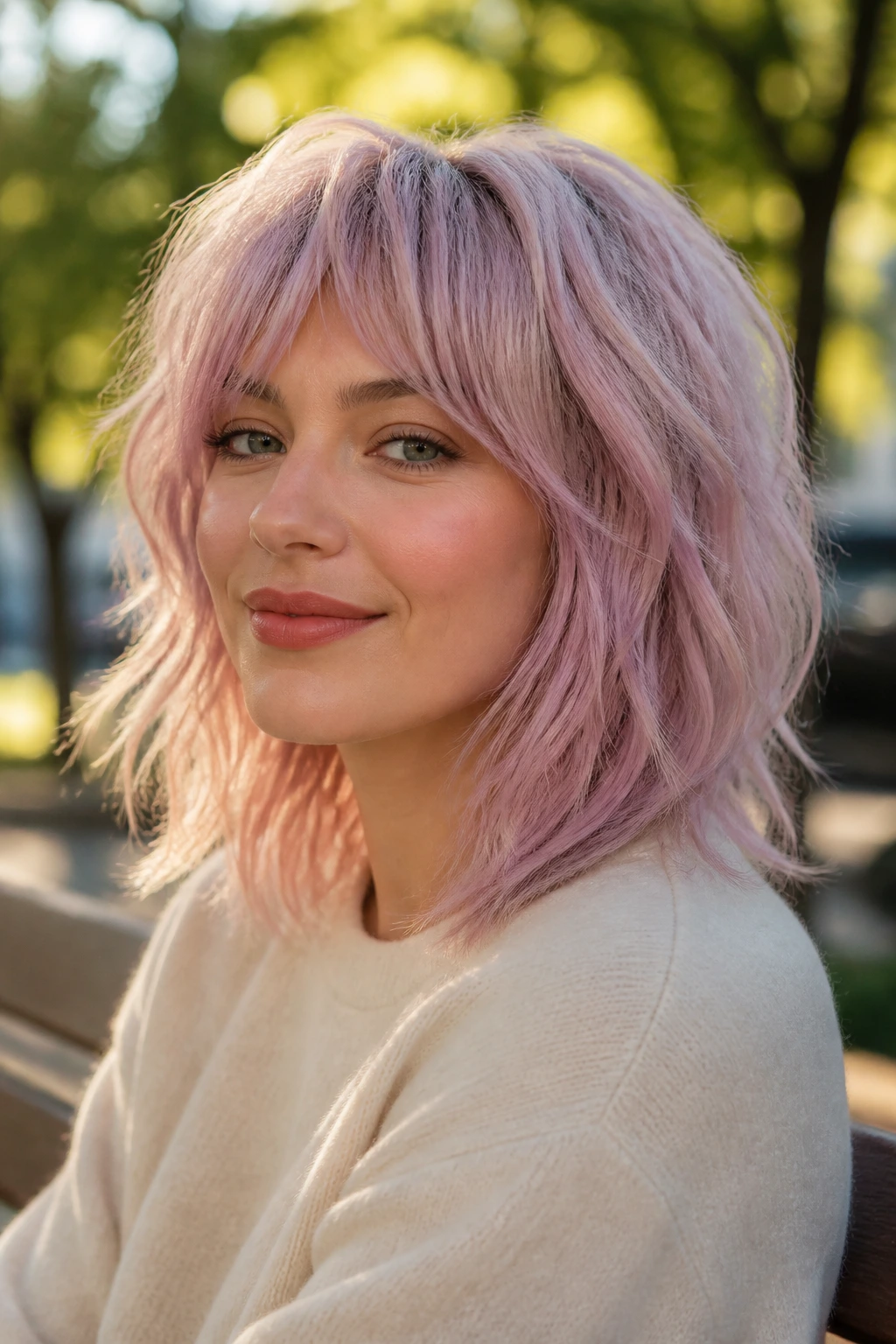 Real person with pastel-tinted shag in a sunny park setting