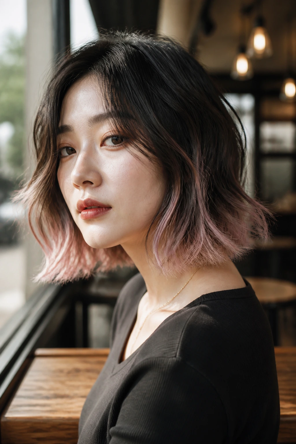 Close-up of a person with pastel-tipped textured bob hairstyle