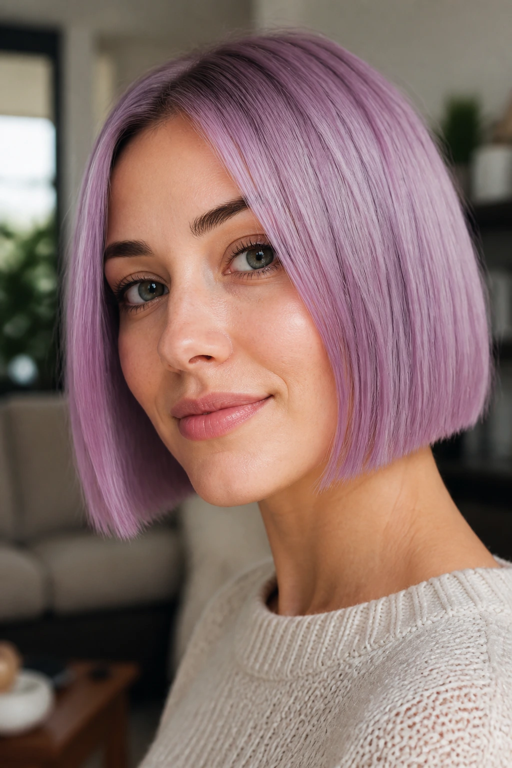 Close-up of a real woman with pastel-toned lavender bob in a modern living room