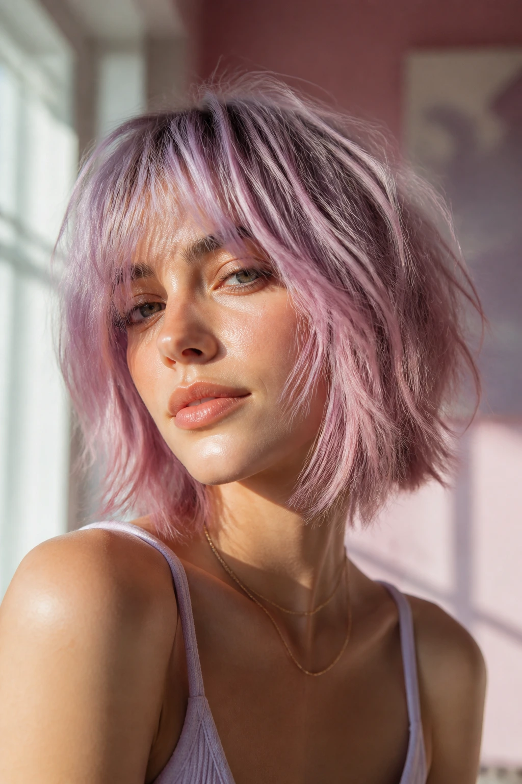 Real woman with pastel-toned shag hair in lavender and pink highlights