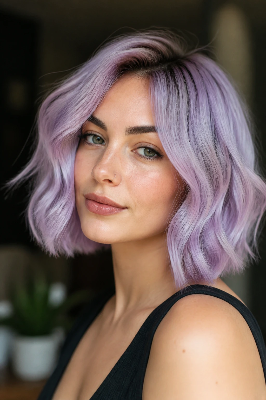 Real woman with pastel lavender wavy bob close-up portrait.