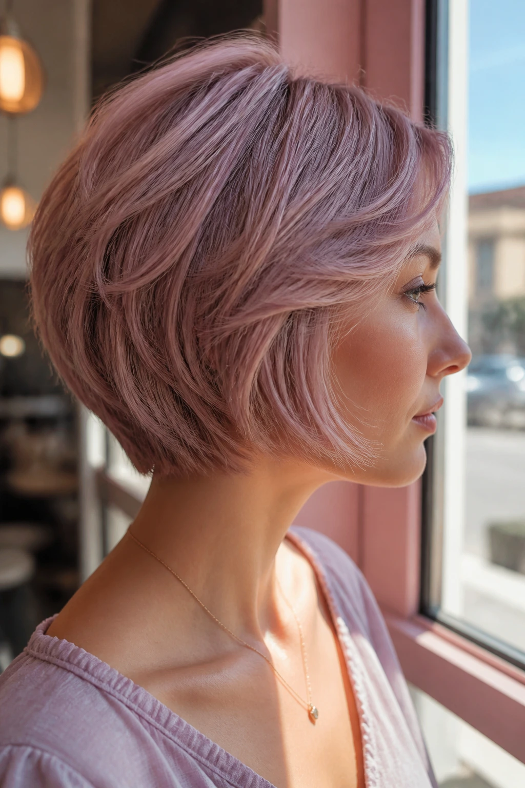 Real woman with pastel-toned dreamy wedge hairstyle in sunlit cafe