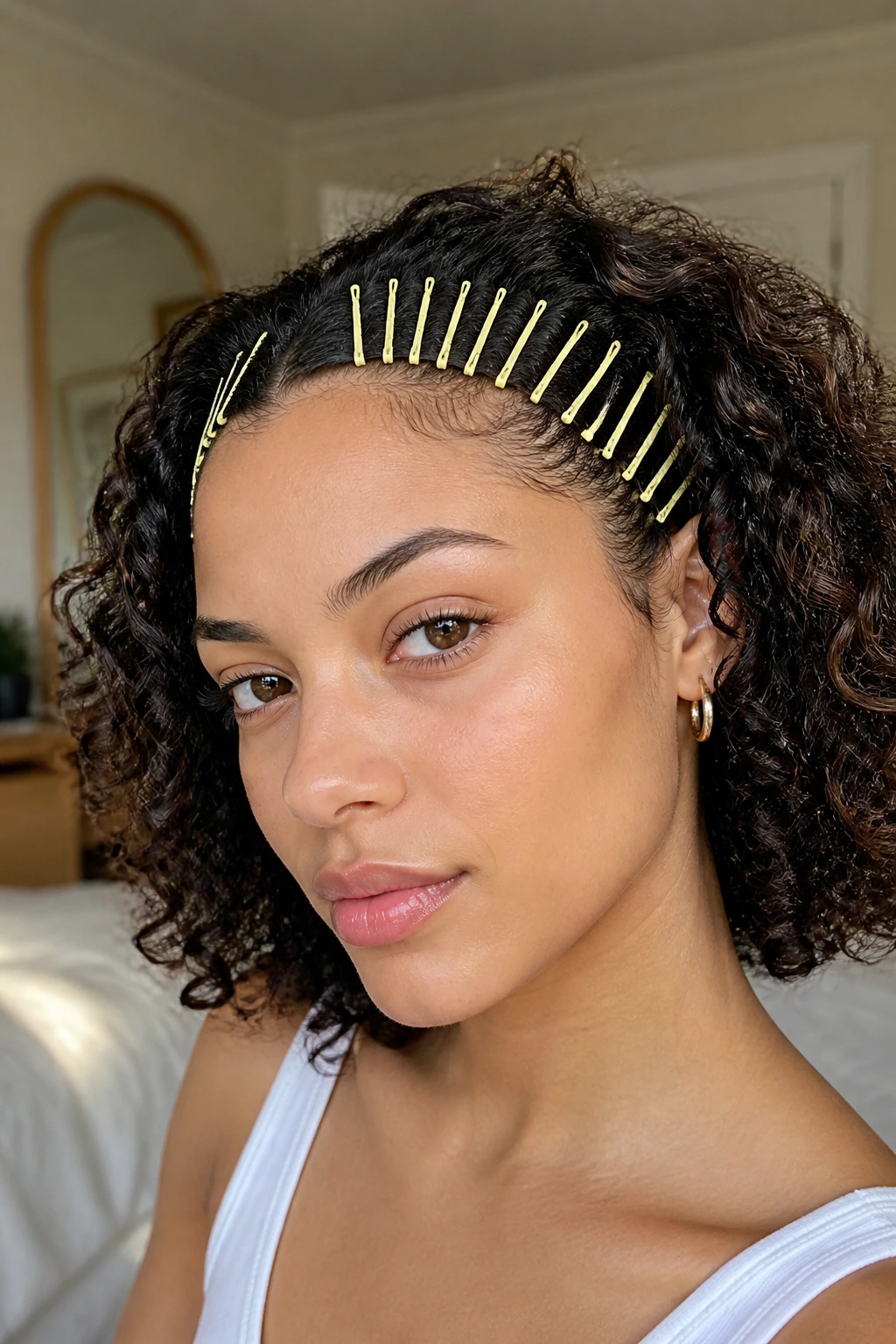 Close-up of pastel yellow bobby pins crown along hairline on real woman