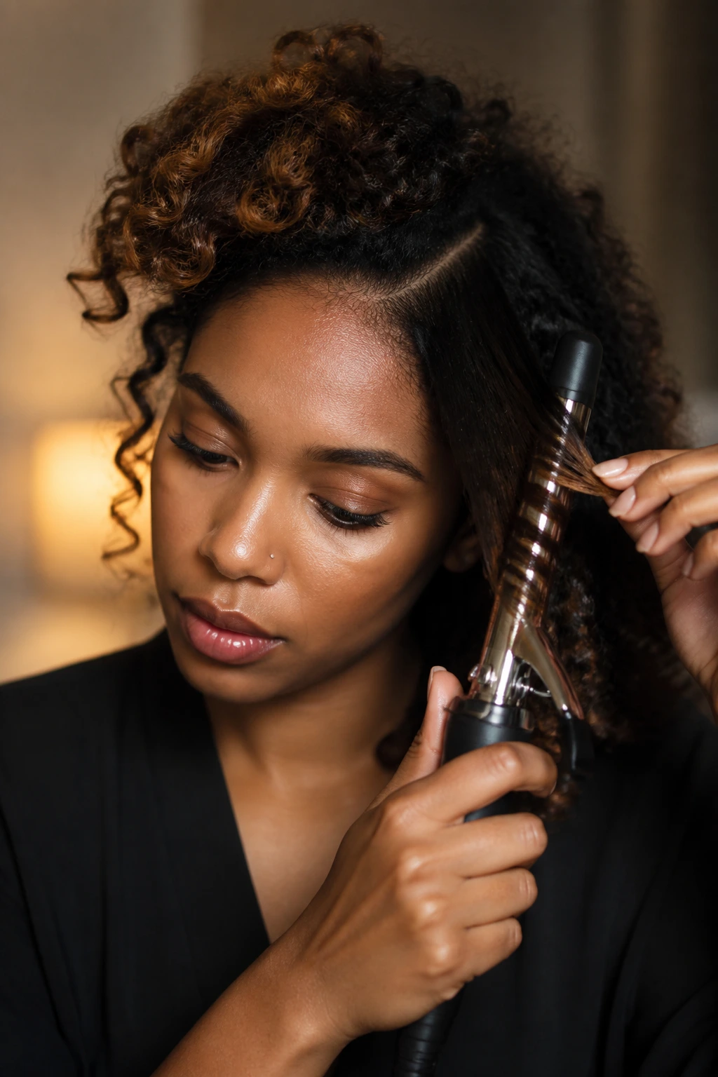 Close-up of a person curling hair with a curling iron, focused expression.
