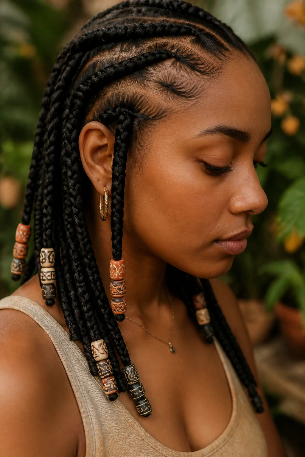Close-up of patterned clay beads on braids on a real person