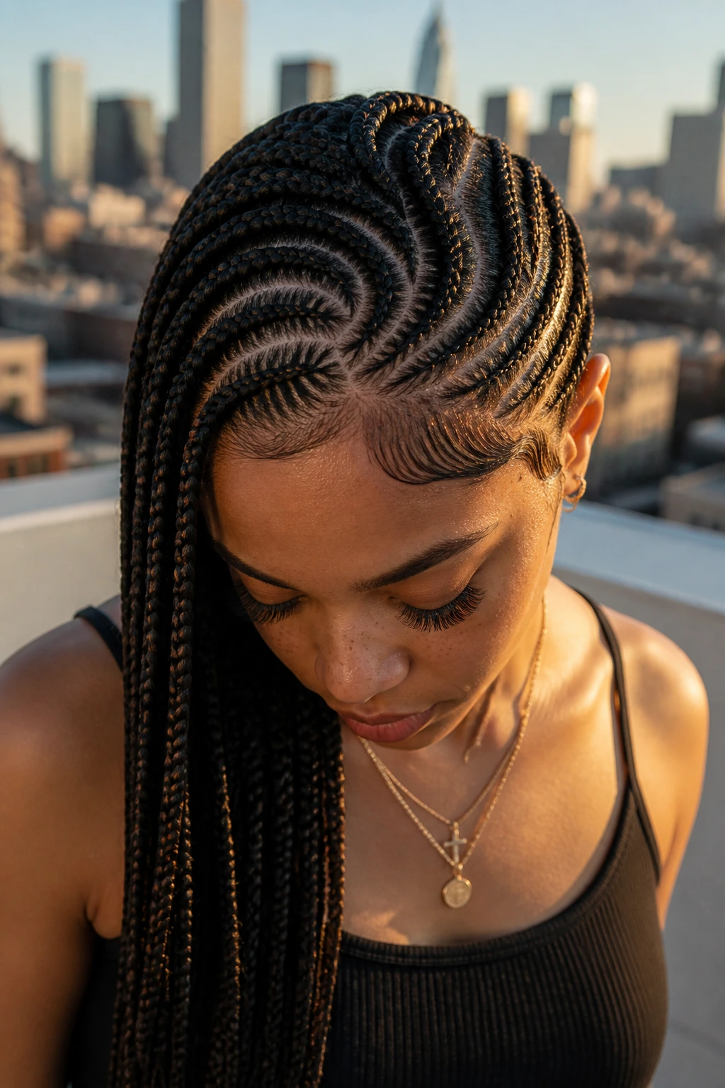 Woman with patterned lemonade braids showing a scalp design near the crown.