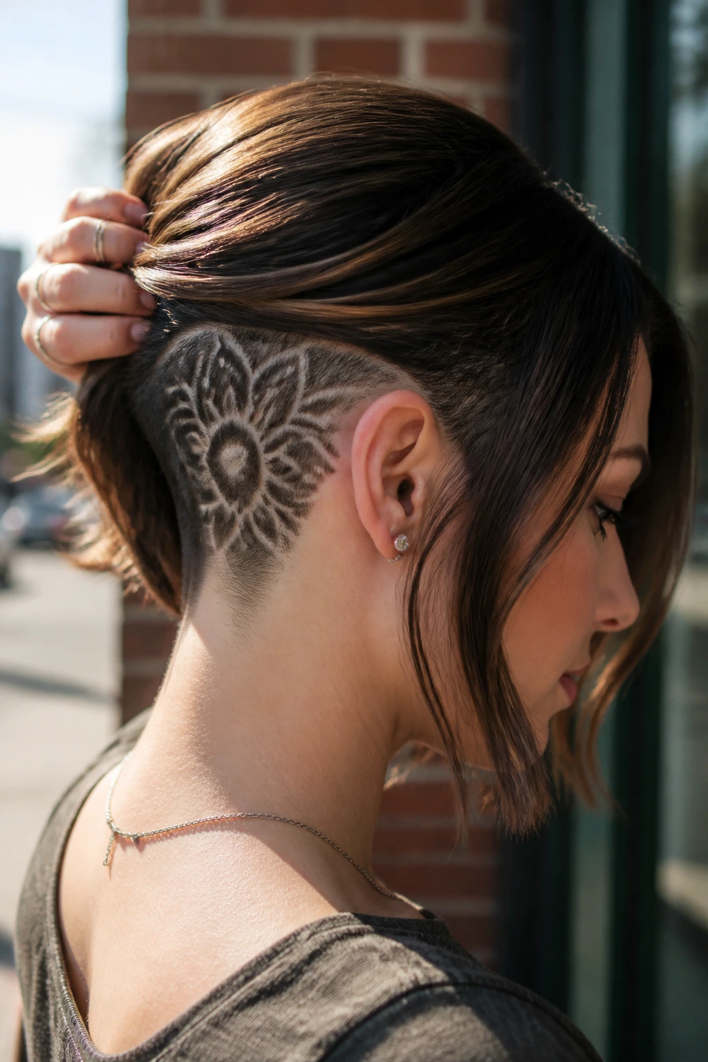 Close-up of a real woman with a patterned undercut visible beneath the bob.