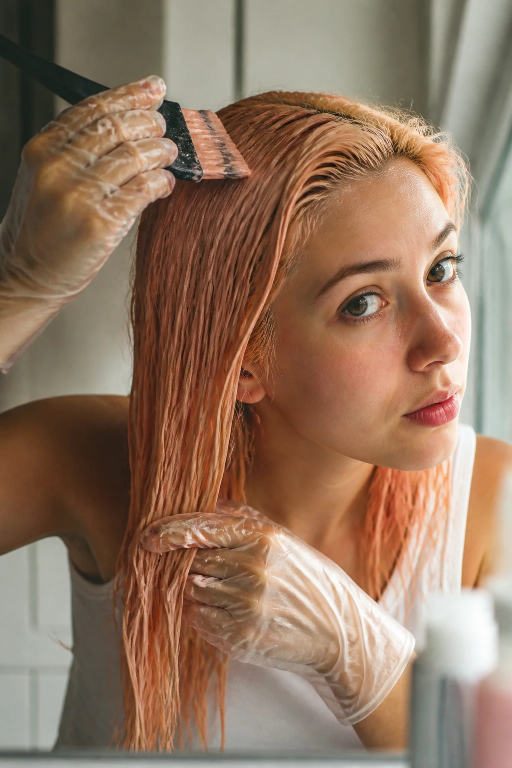 Real person applying peach-tinted gloss to peach nude hair.