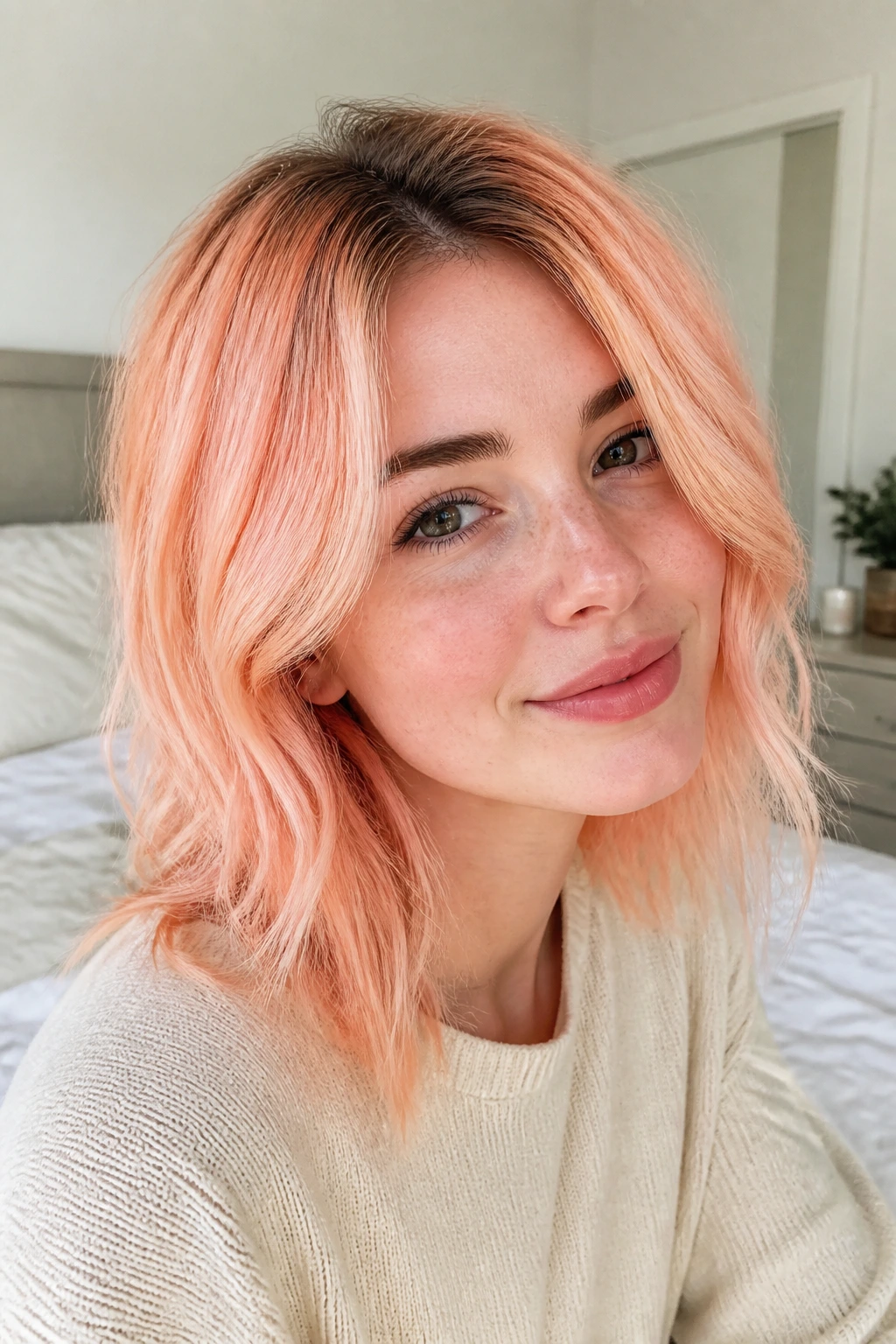 Close-up of a real woman with peach-toned hair and subtle root smudge